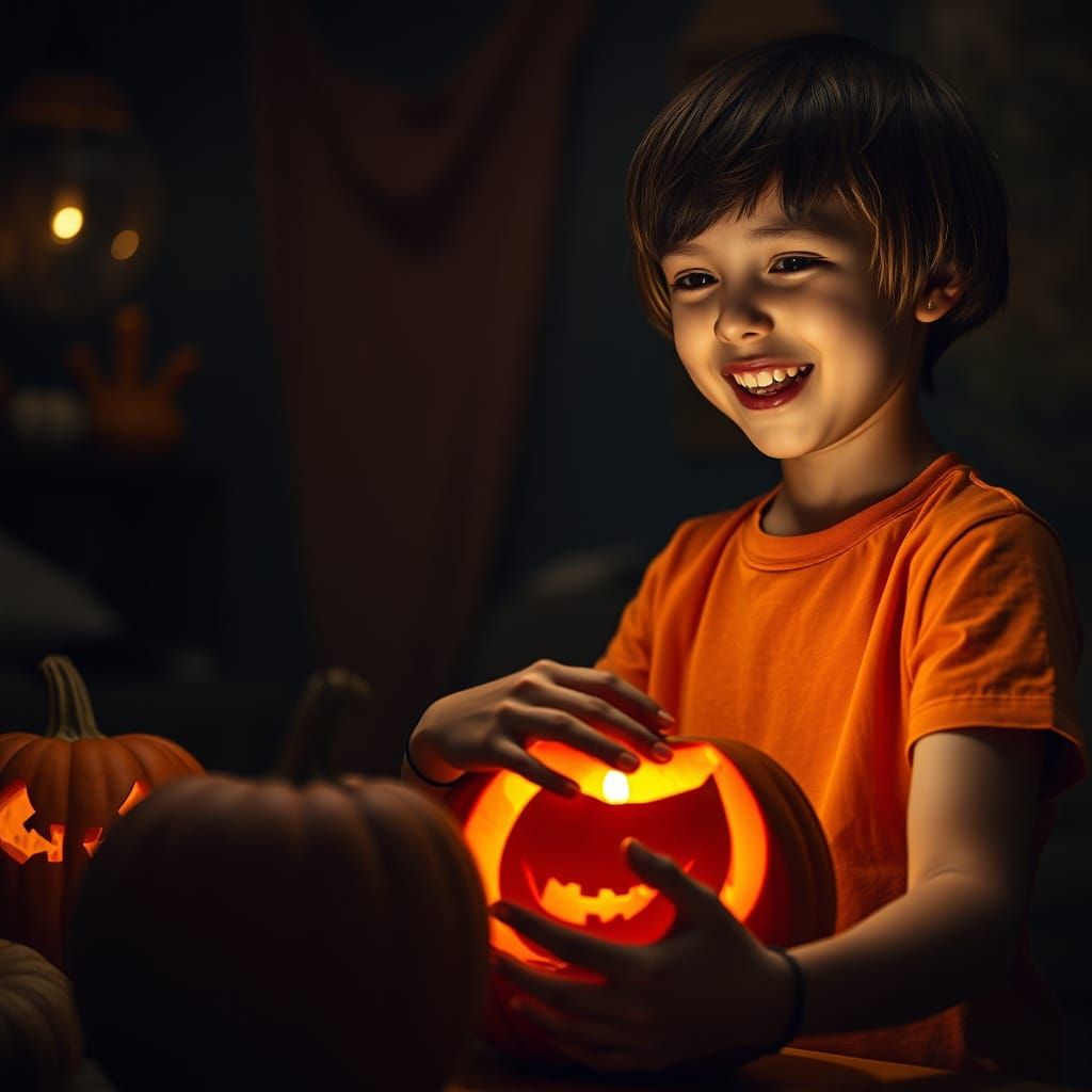 Boy Carves Pumpkin in Cinematic 8K Resolution