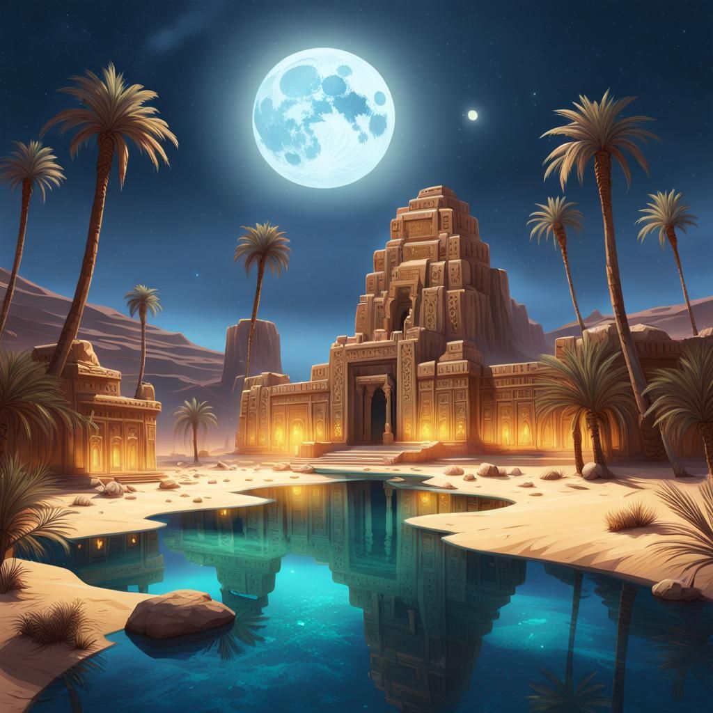 Ethereal Oasis Under Glowing Full Moon