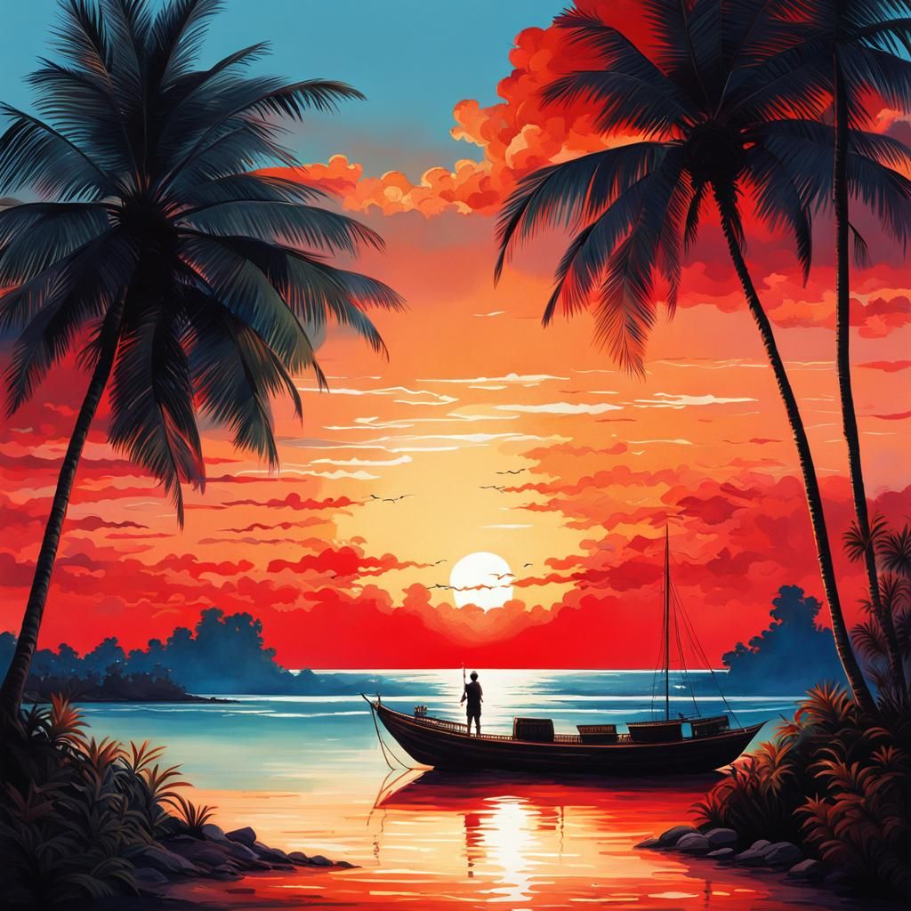 Watercolor Sunrise Over Calm Blue Sea