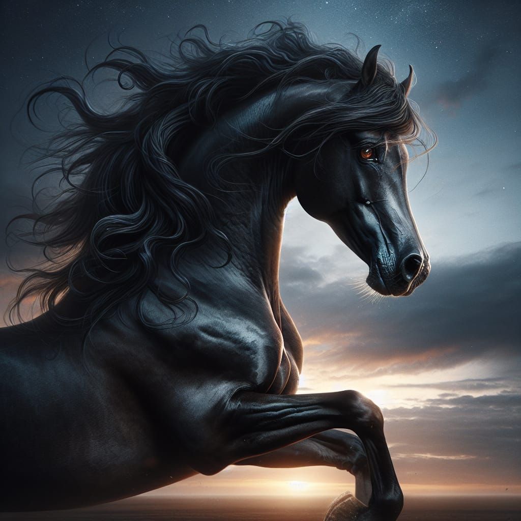 Majestic Dark Arabian Horse Rearing in Sunset