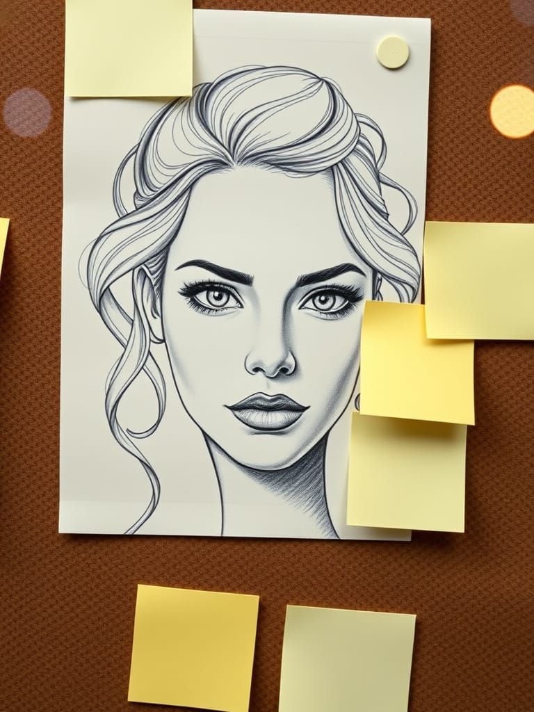 Beautiful Woman's Face in Whimsical Pencil Drawing Mosaic