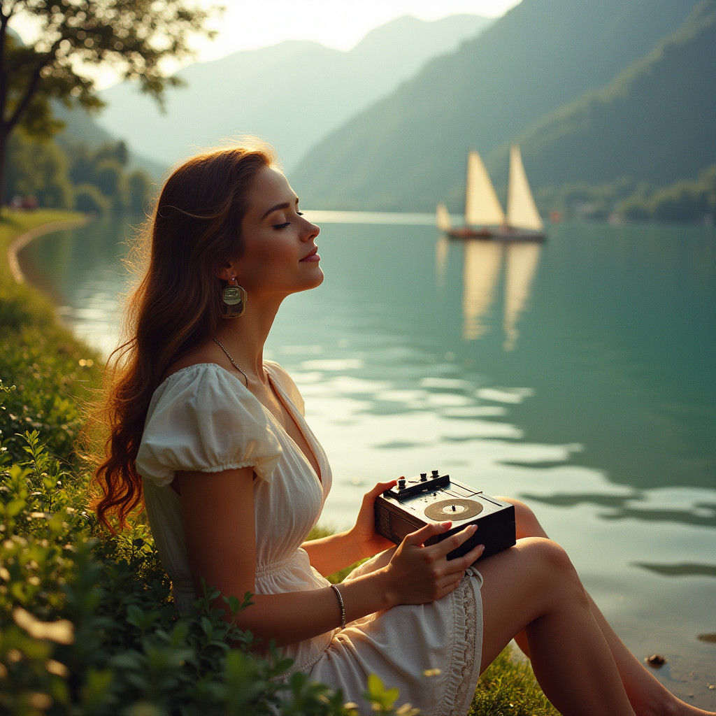 Serene Woman by Italian Lake in Golden Light