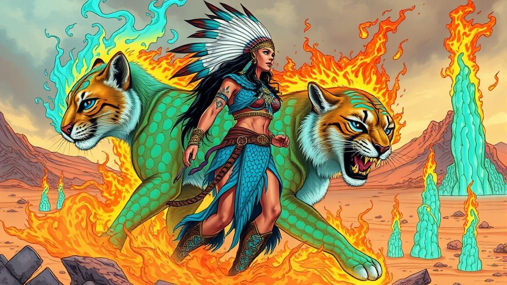 Turquoise Flame Warrior with Puma in Fantasy Art