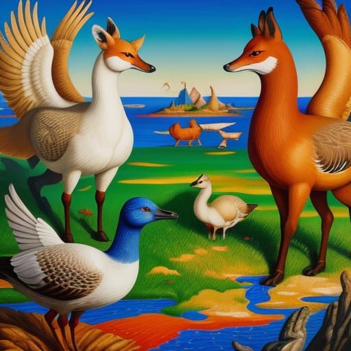Surreal Foxes and Geese in Oil Painting Style