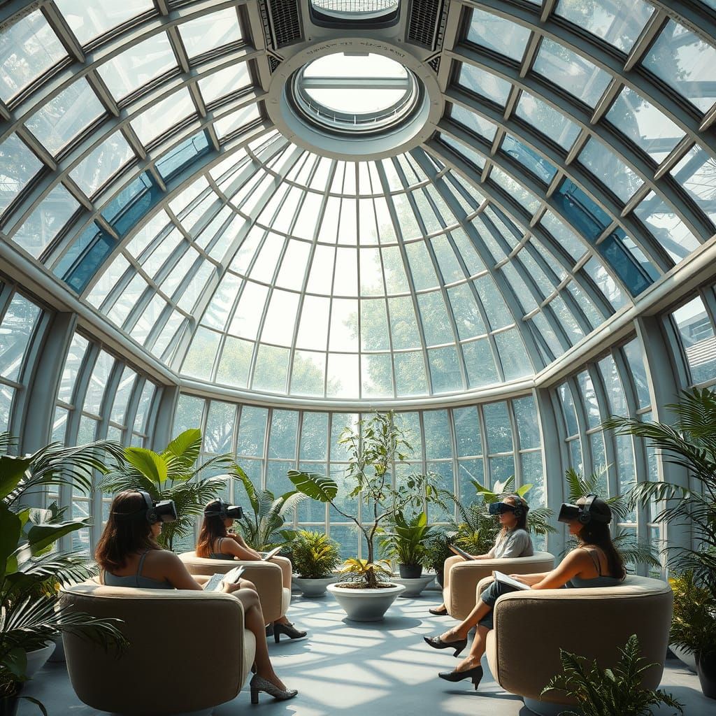 Surreal Futuristic Glasshouse Scene with Virtual Reality Rea...