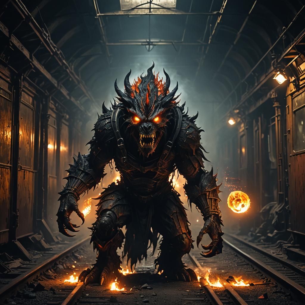 Dark Fantasy Monster with Fireballs in Abandoned Tunnel