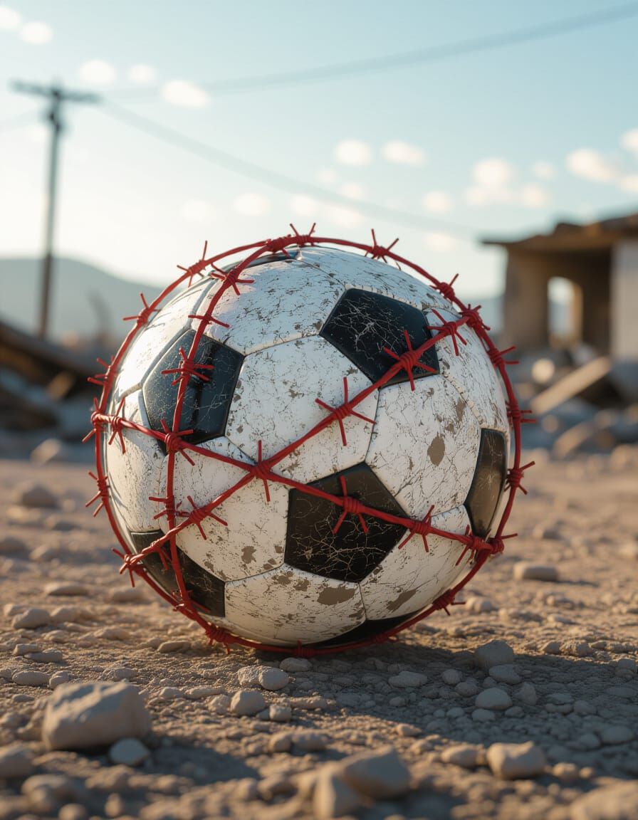 Barbed Wire Soccer Ball in Rubble Desert: Cinematic Still