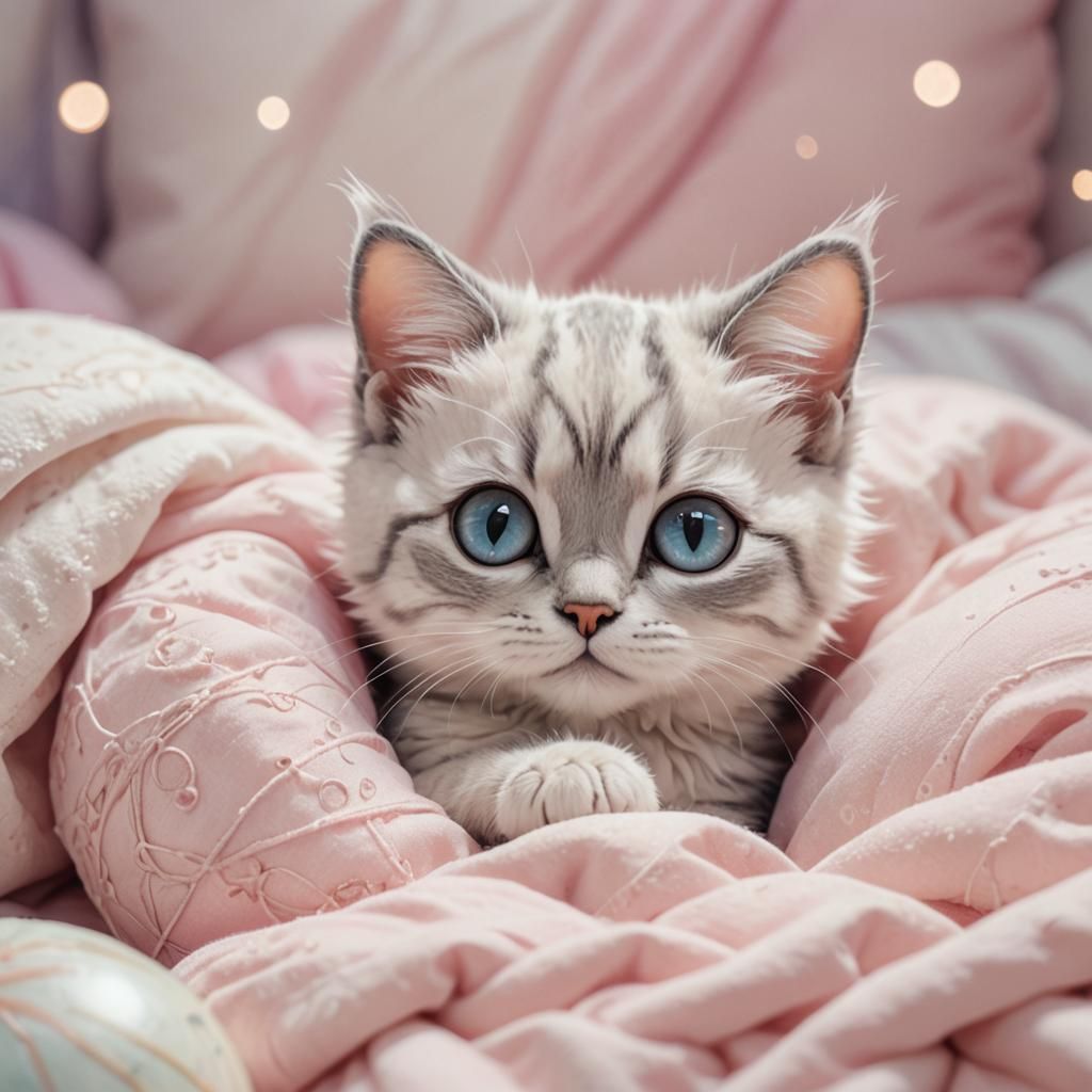 Tiny Cat Cuddling in Plush Bedroom: Anime Illustration