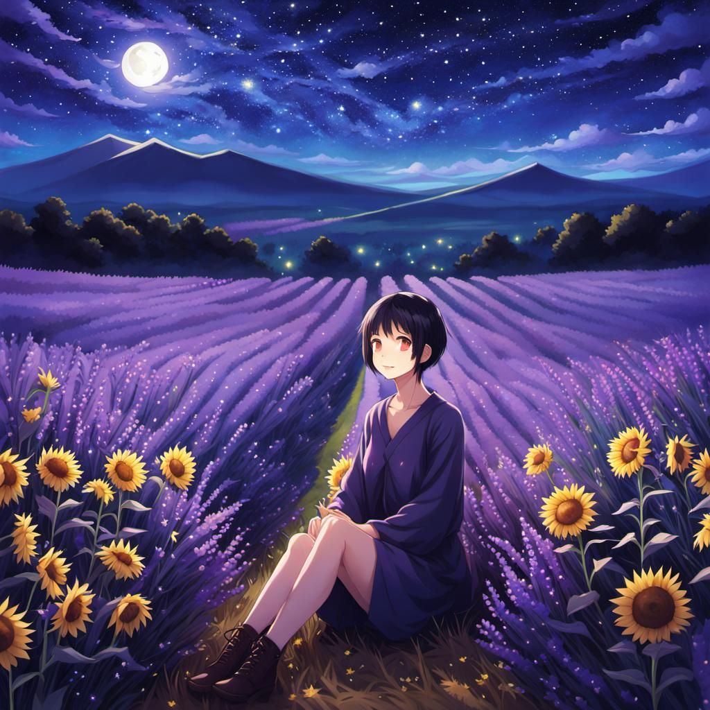 Woman in Lavender Sunflower Field, Anime Style