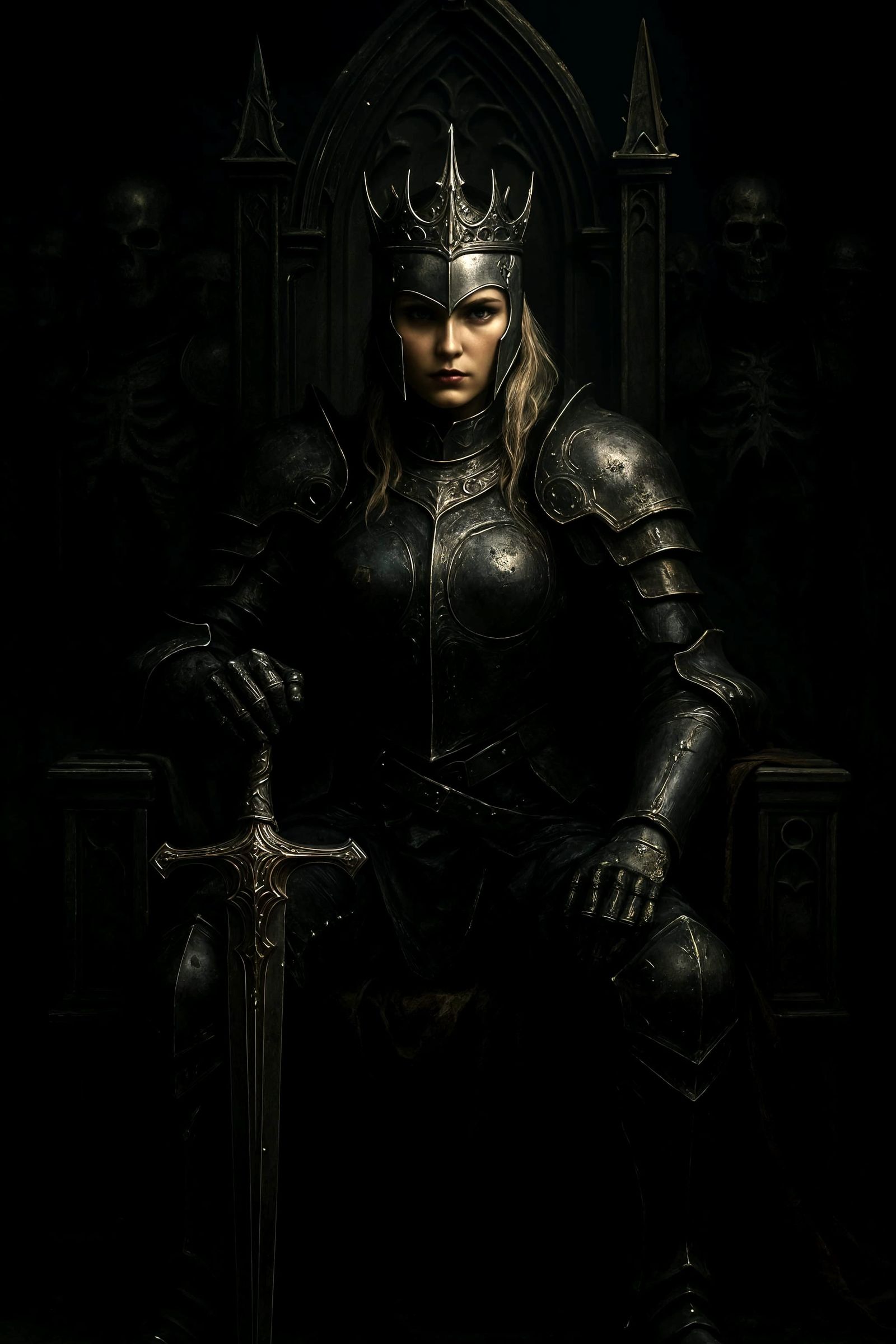 Dark Fantasy Warrior Queen on Gothic Throne