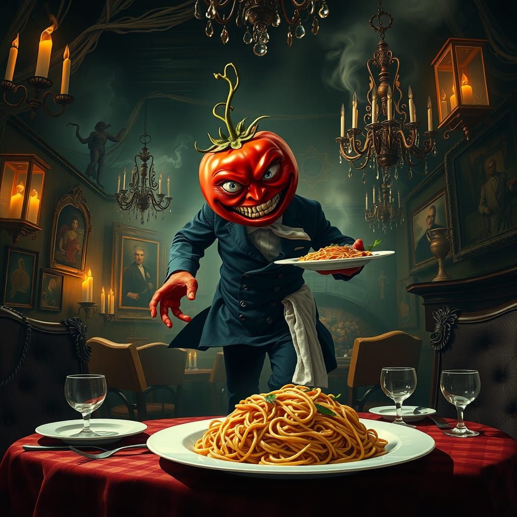 Steampunk French Tavern Scene with Tomato Waiter