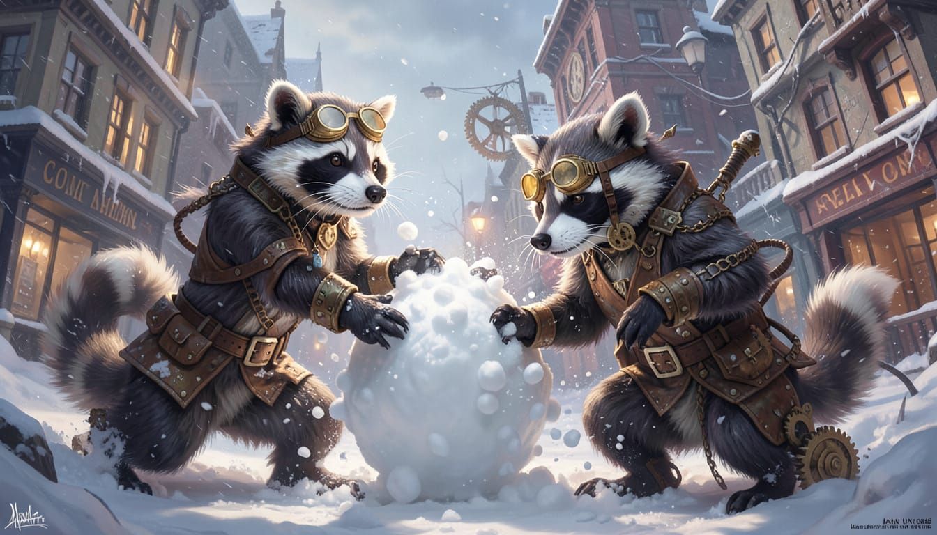 Steampunk Raccoons in Snowball Fight Digital Matte Painting