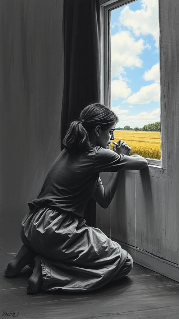 Woman Draws Hopeful Window in Charcoal Room