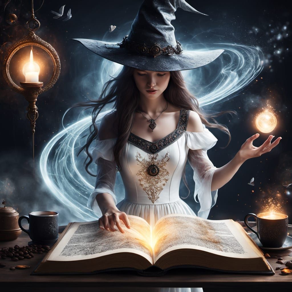Modern Witch With Spellbook and Coffee in Digital Art