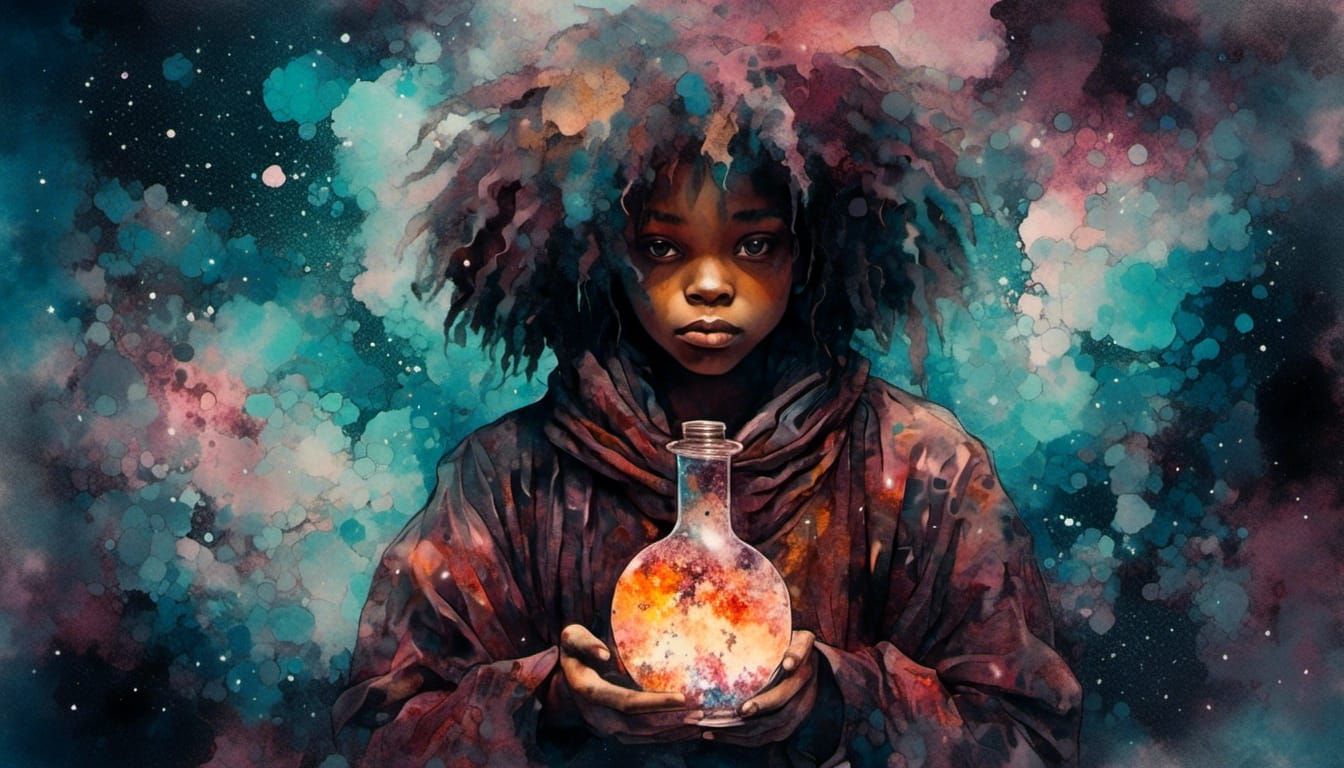 Anime Researcher with Potion in Macabre Alcohol Ink Style