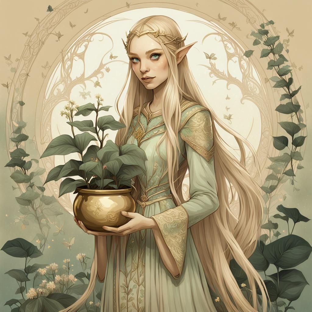 Cute Elf Girl with Magical Plant in Dreamlike Illustration