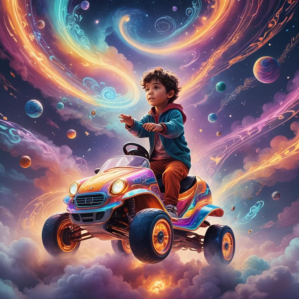 Child Rides Glowing Air Car in Astral Dreamscape