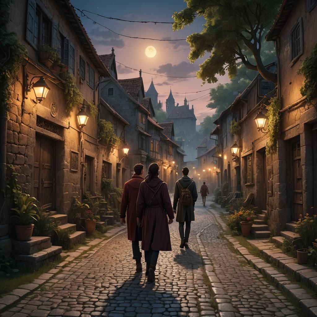 Couple Strolling Through Old Village at Night