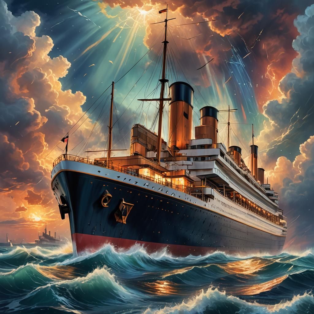 Titanic with Glowing Apparitions in Hyperrealistic Style