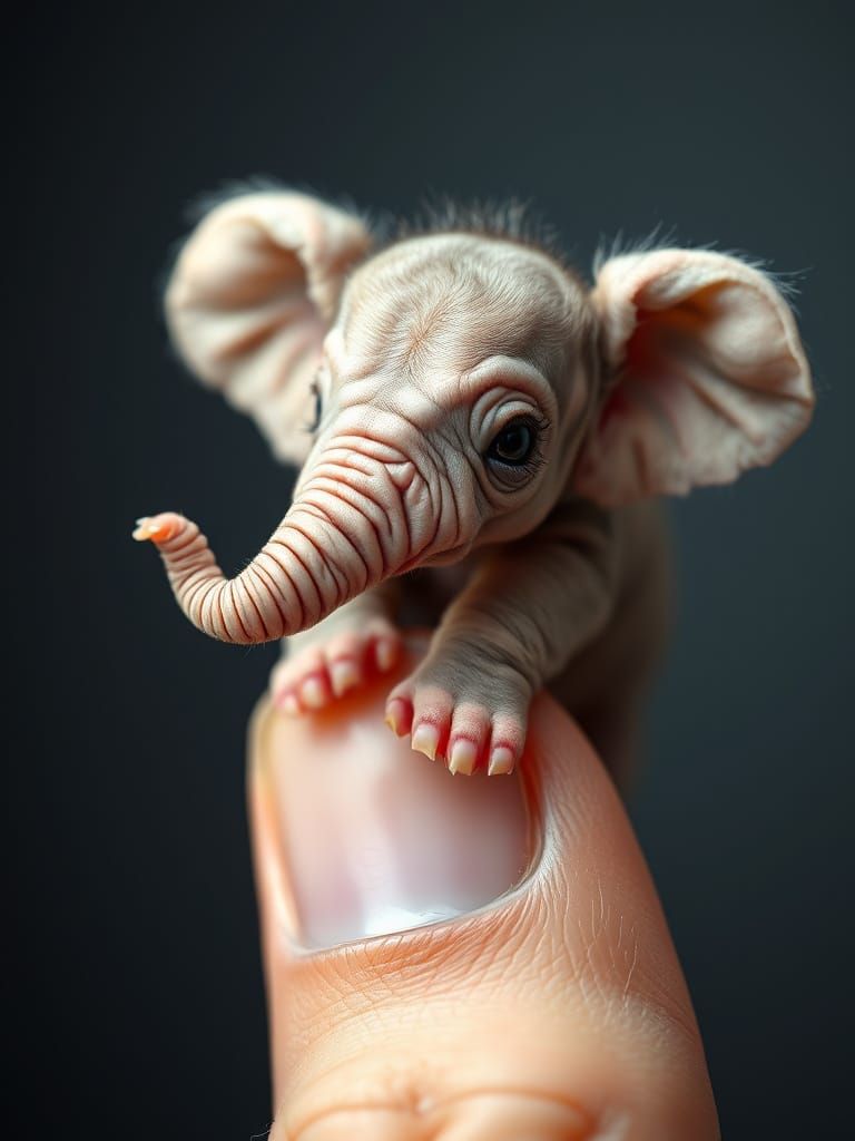 Delicate Newborn Elephant on Human Thumb in Photorealistic M...