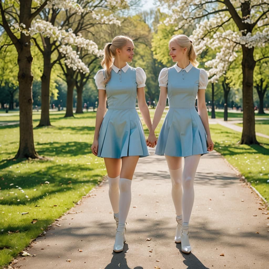 Teenage Girls in Love Walking in Sunny Park