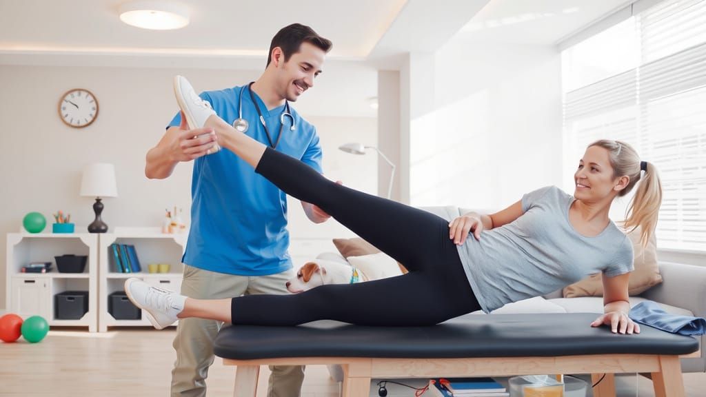 Home Care Scene With Physical Therapy And Dog