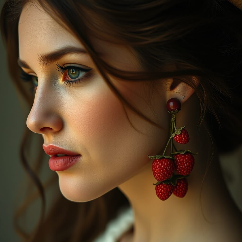 Hyperrealistic Woman with Berry Earrings Portrait