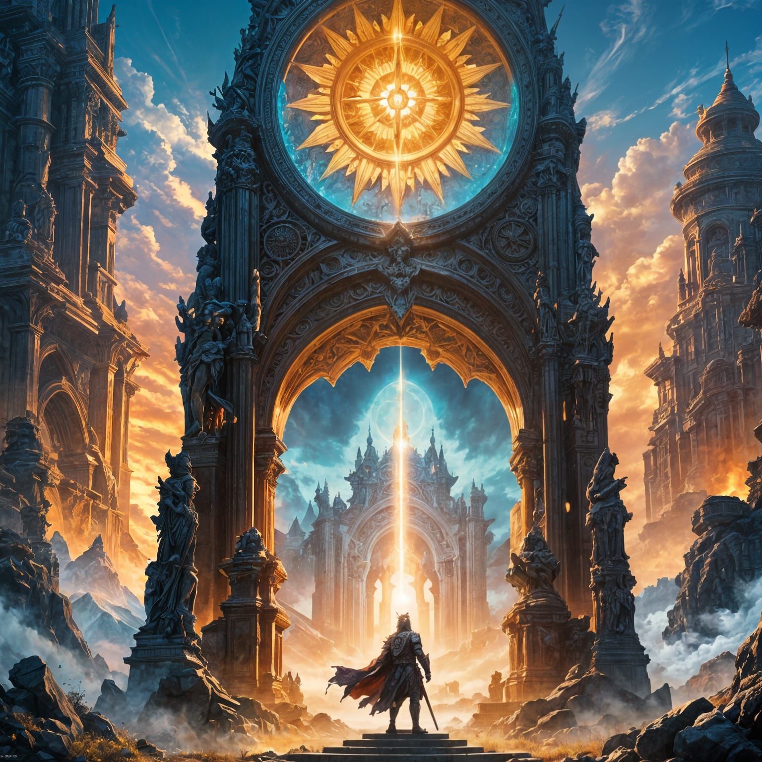 Epic Holy Knight at Sun Shrine, Detailed Digital Art