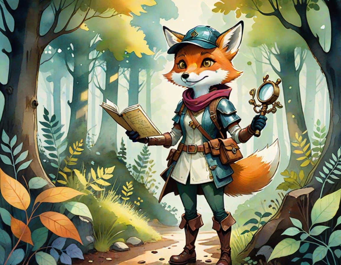 Fox-Girl Explorer in Mystical Forest, Watercolor Style