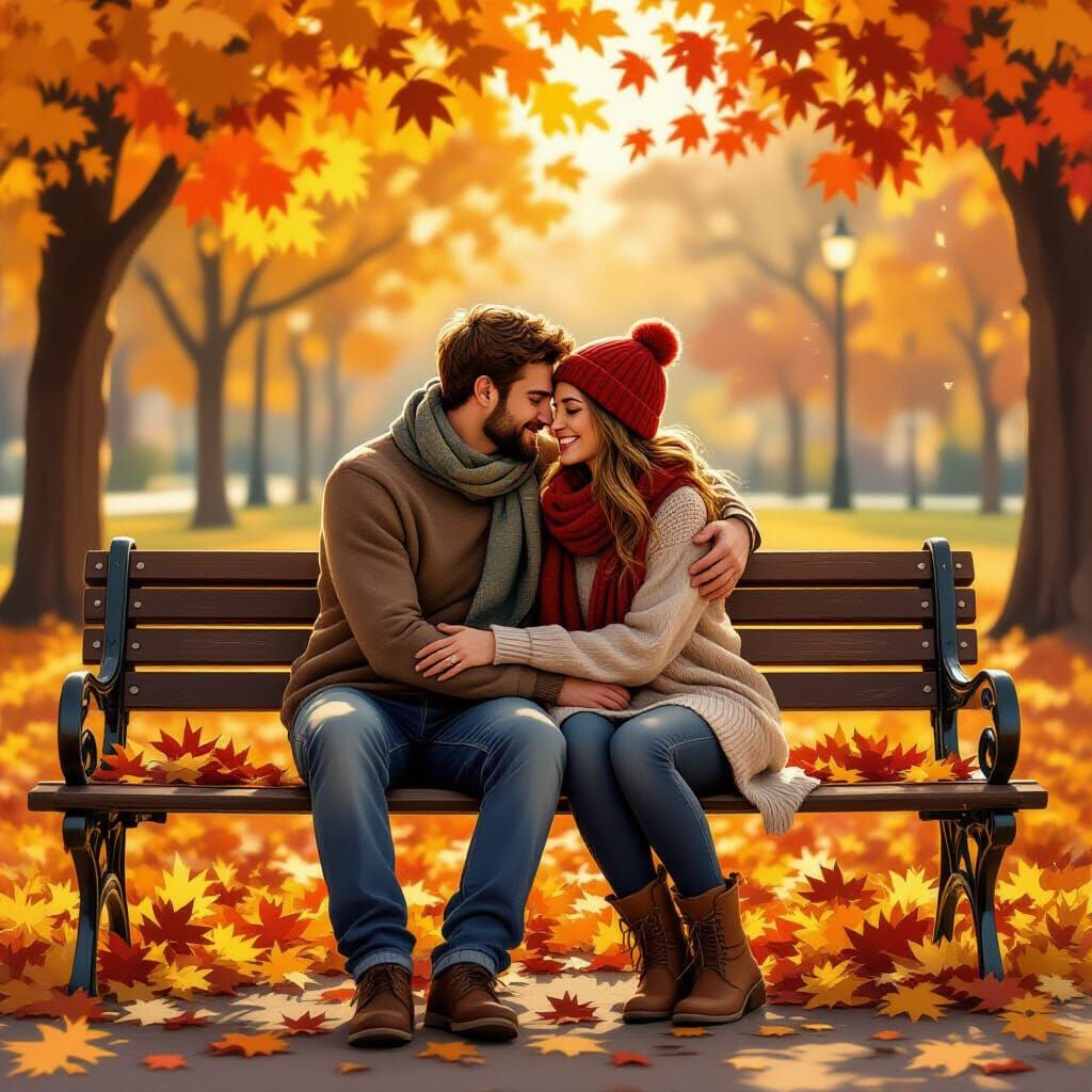 Couple's Warm Embrace in Autumnal Painterly Style