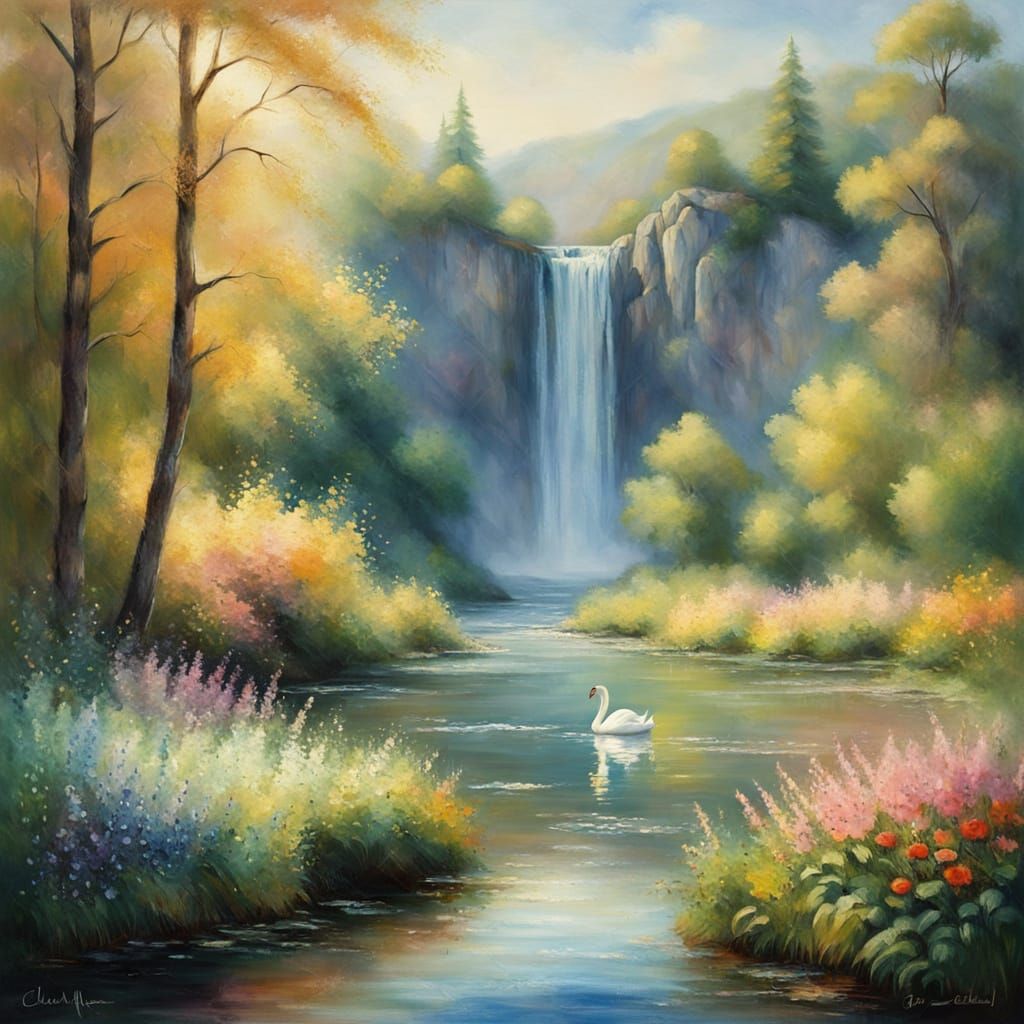 Whimsical Swan Serenade in Impressionist Style