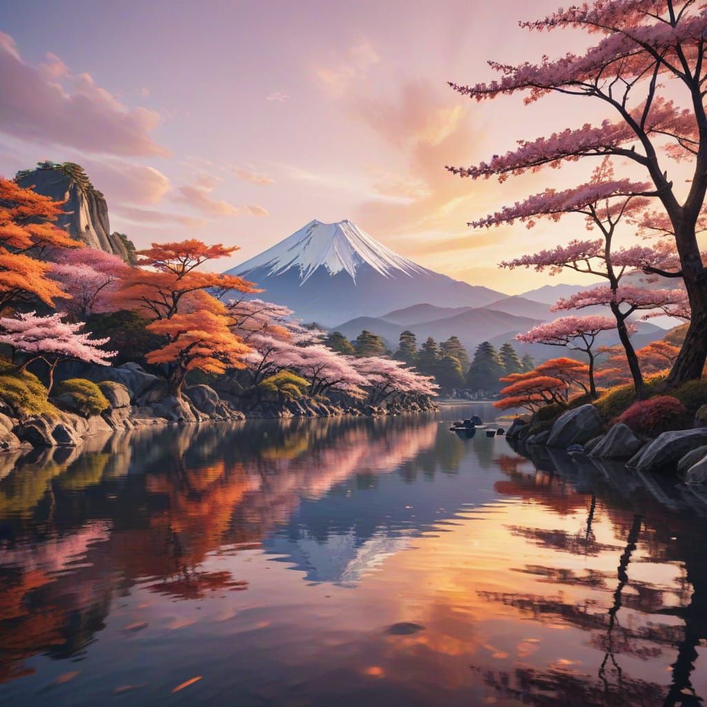Japanese Mountain Sunset in Origami Style