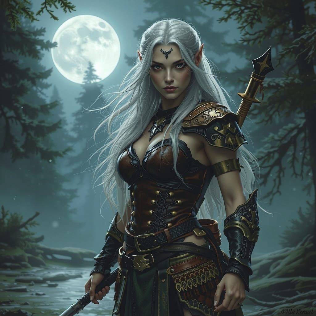 Dark Fantasy Elven Hunter in Moonlit Forest