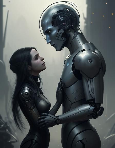 Woman and Robot Holding Hands: Cyberpunk Sketch Art