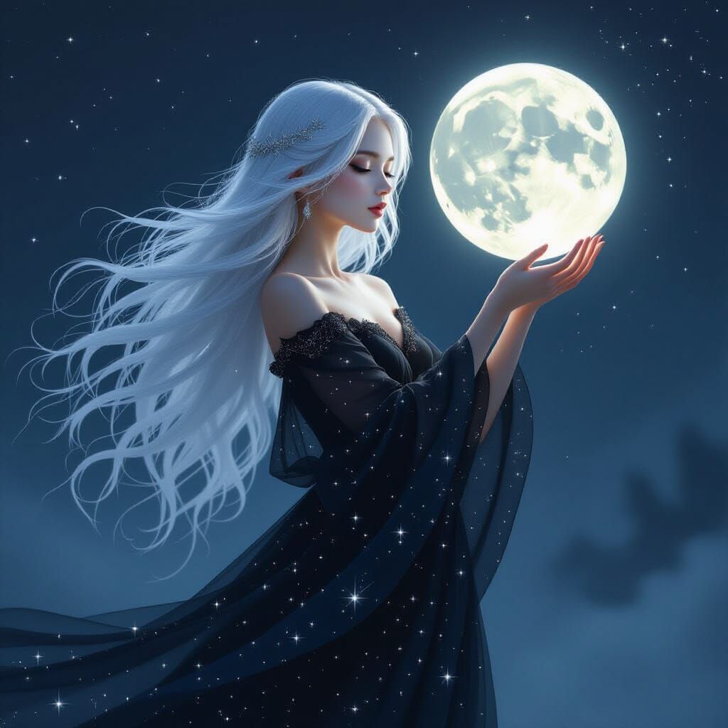 Ethereal Girl Holding the Moon in Dreamlike Style