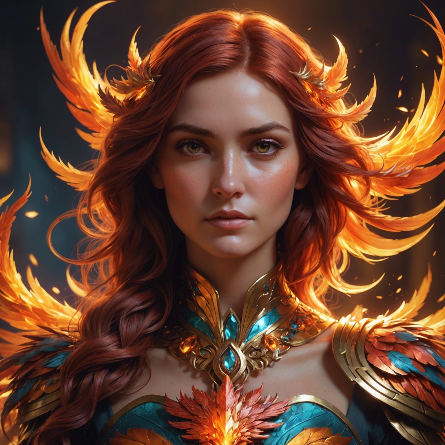 Fiery Phoenix Portrait in Hyperdetailed Concept Art