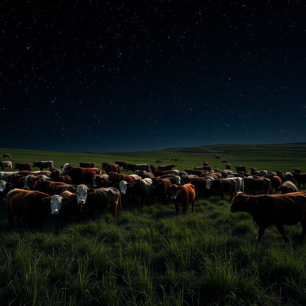 Cattle Herd Grazing Under Starry Night Sky