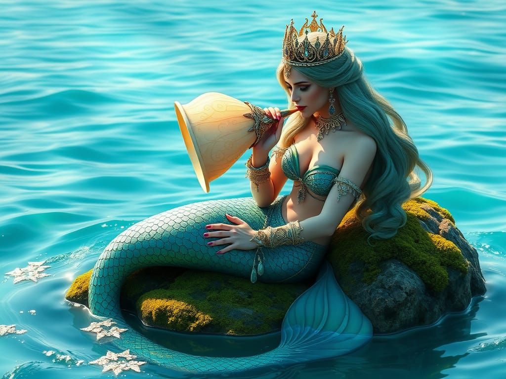 mermaid with a shimmering green and blue tail, lying on a rock in the sea. She is adorned with elaborate jewelry, includ...