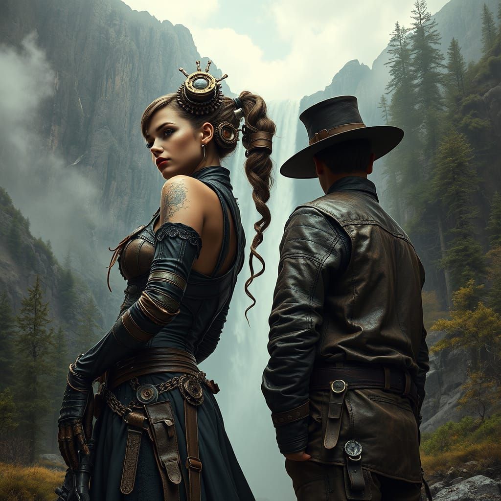 Ethereal Steam Punk Duo Amidst Moody Waterfall Landscape