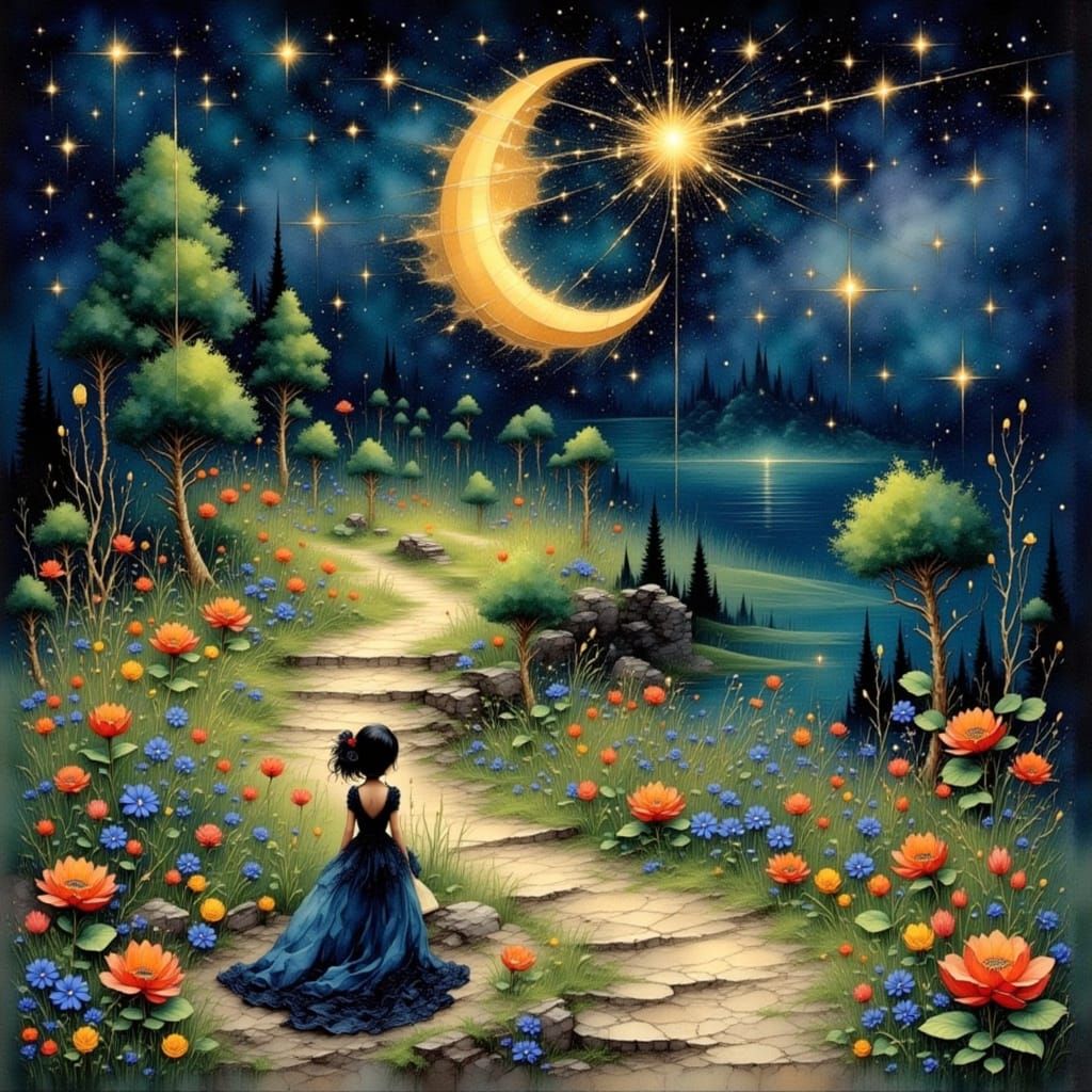 Whimsical Nighttime Scene with Young Girl and Stars in Paste...