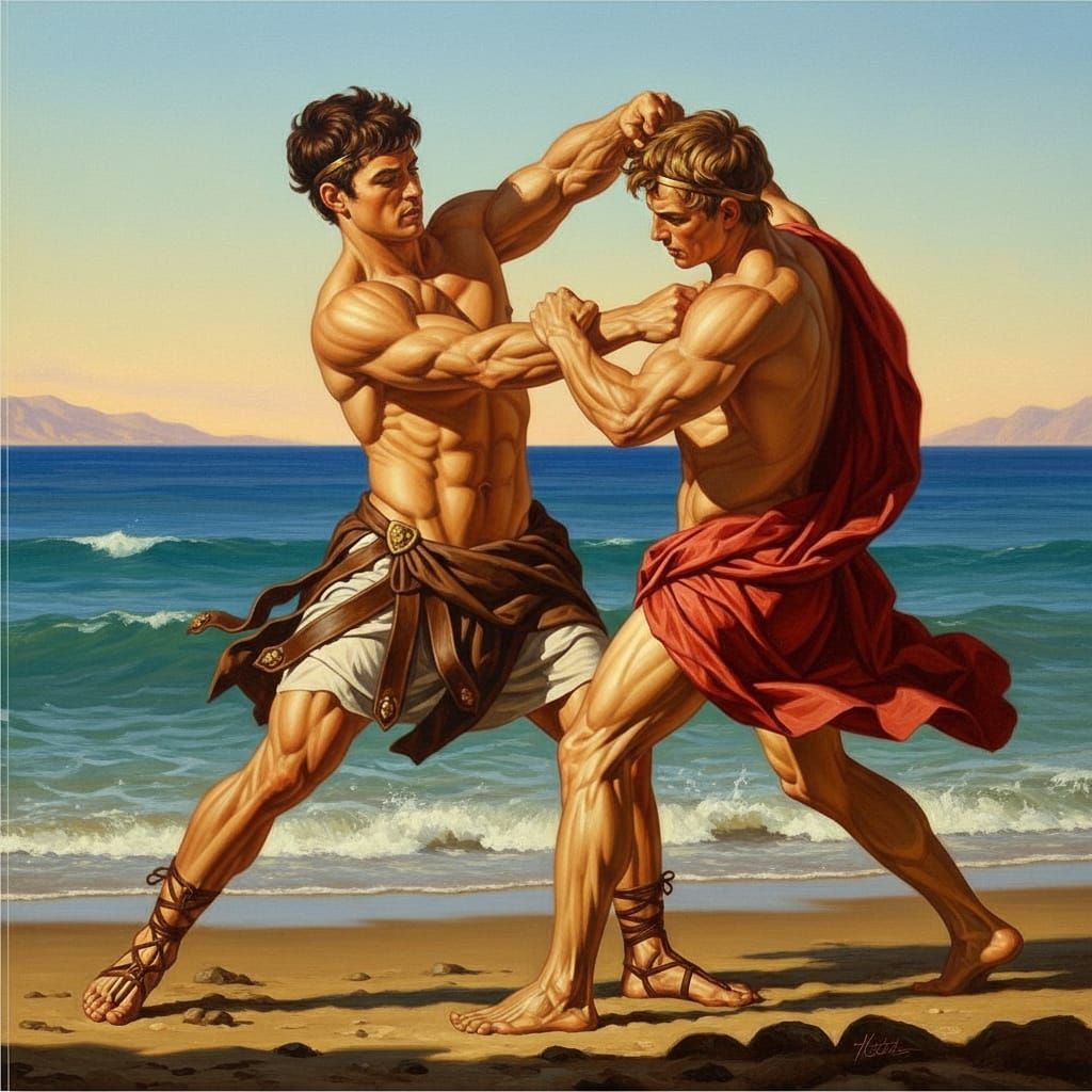 Ancient Greek Heroes Theseus and Pirithous Wrestling on Beac...