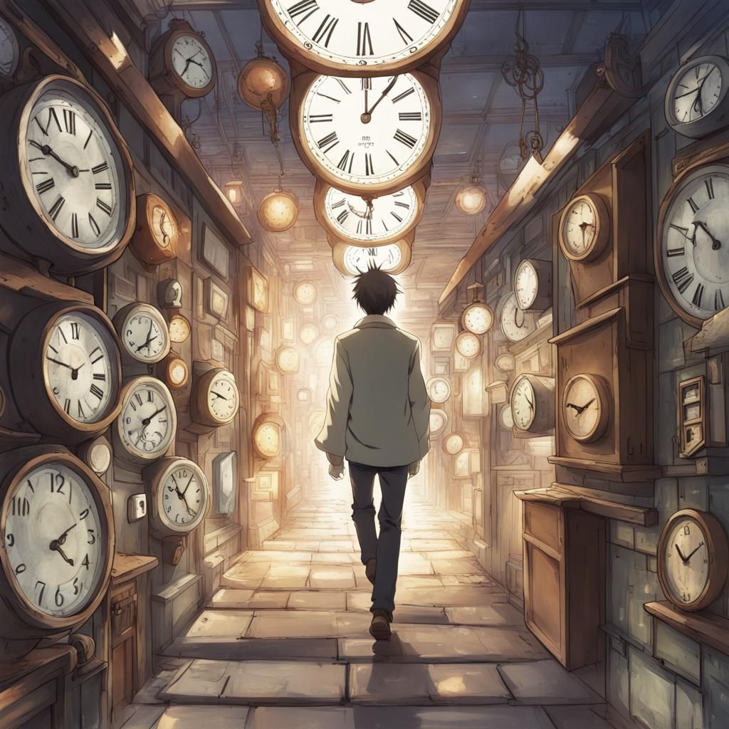 Man Walks Time Clock Path in Anime Style
