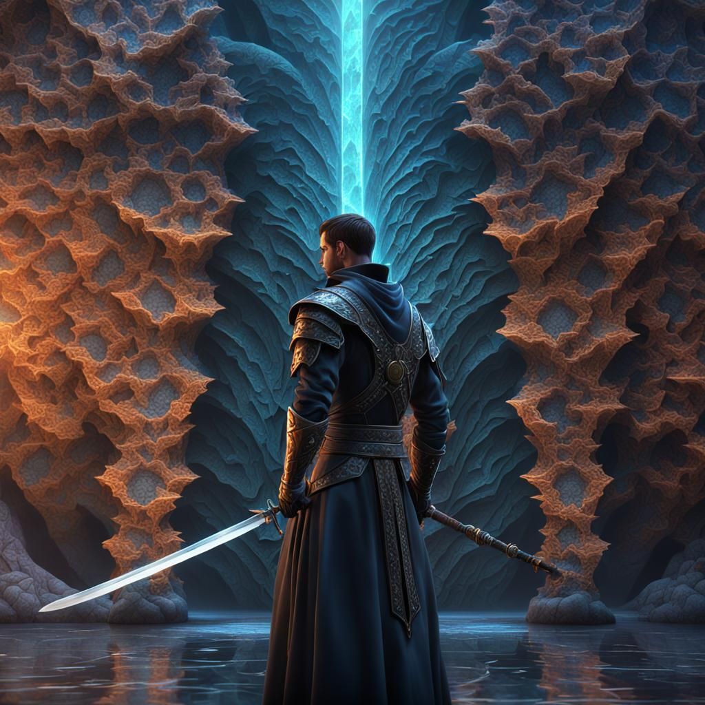 Crystalline Fractal Wall and Swordsman: Fantasy Concept Art