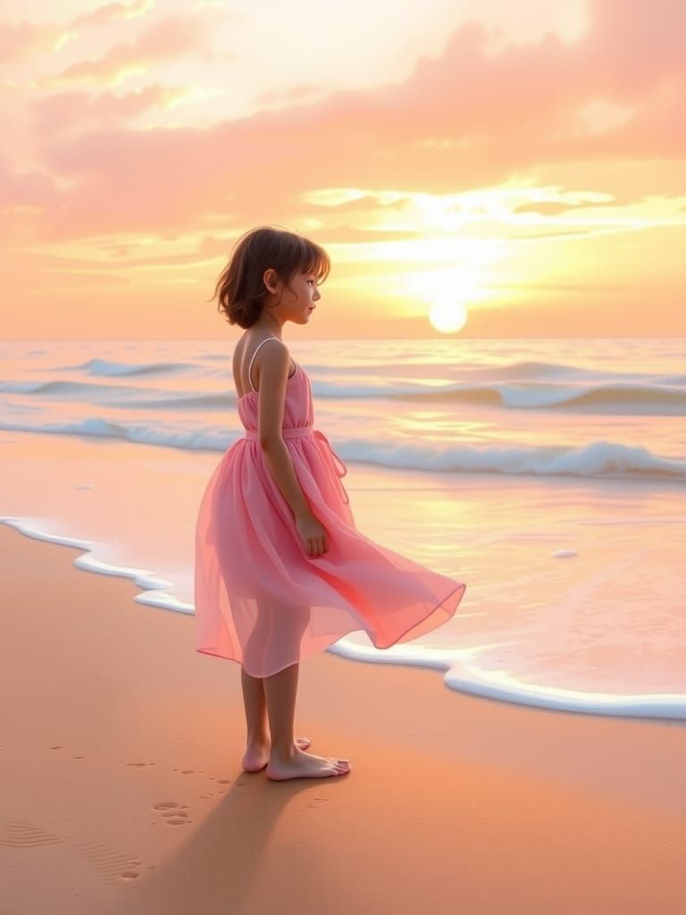 Girl Gazing at Sunset on Beach as Digital Art