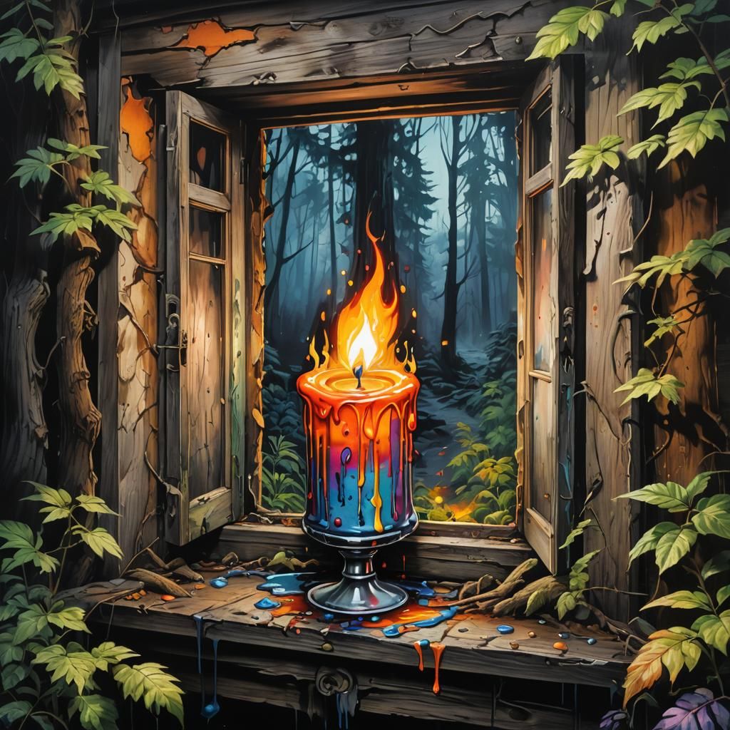 Candlelit Window in Forest, Graffiti Art Style