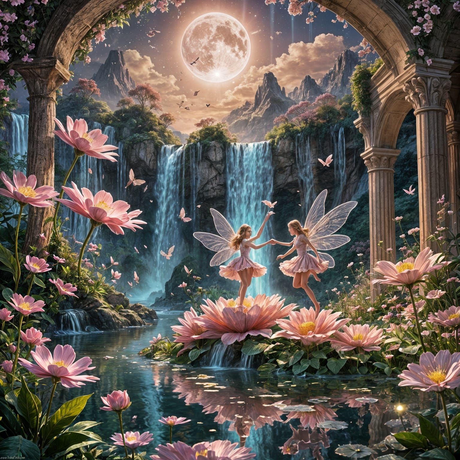 Fairies Dancing on Giant Flower in Dreamy Landscape