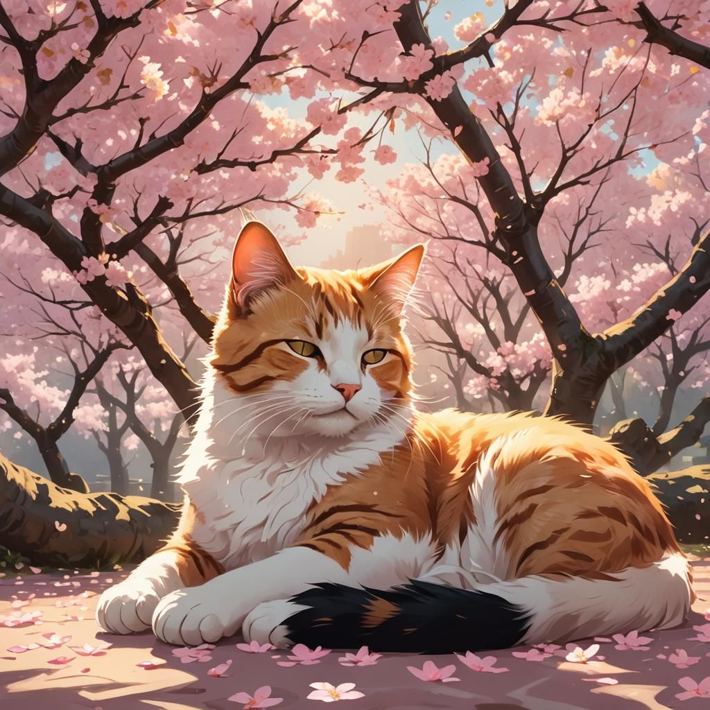 Serene Anime Cat Sleeping Under Cherry Blossoms