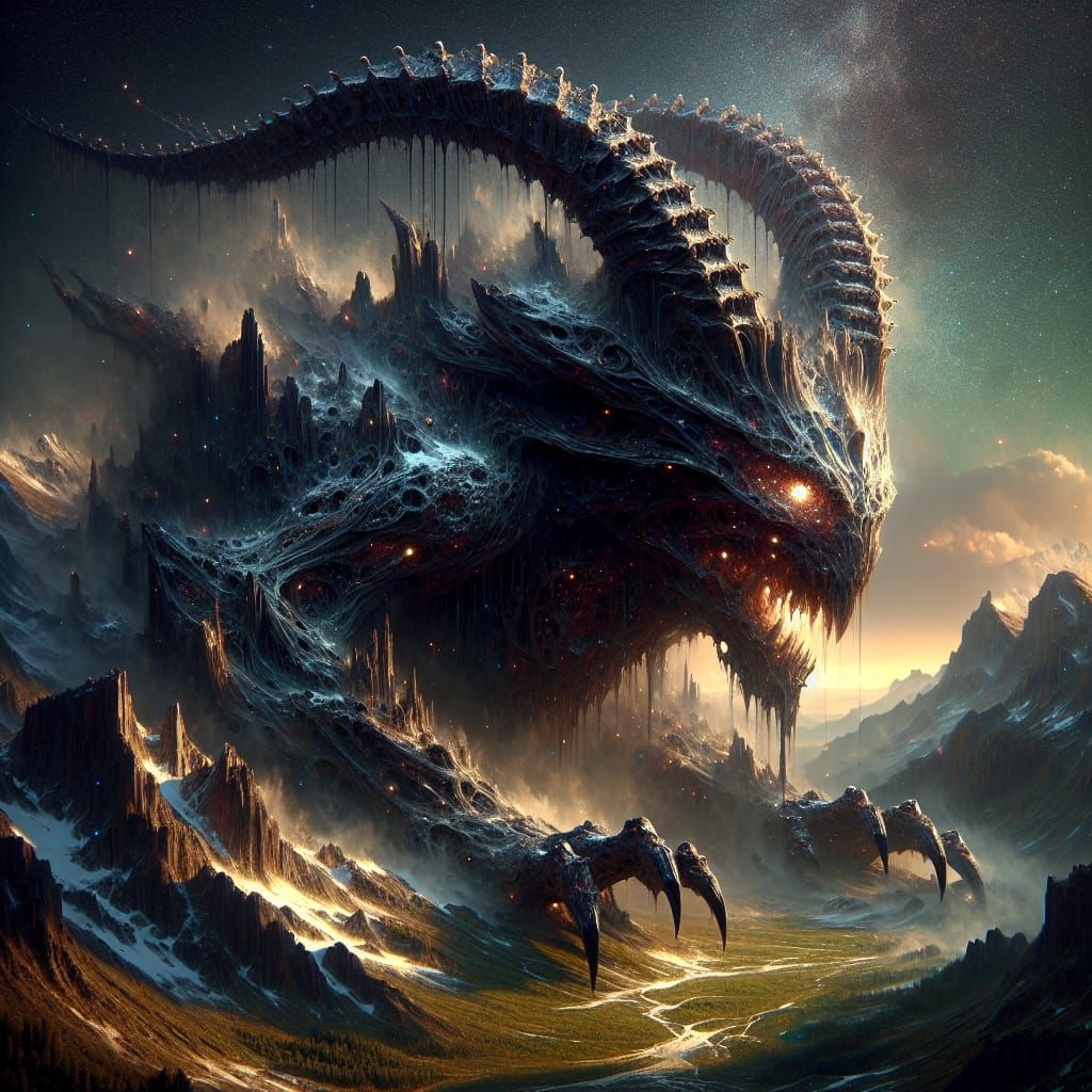 Dark Fantasy Dragon Mountain at War