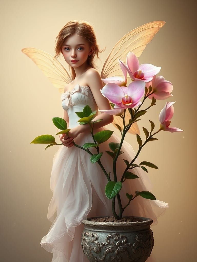 Enchanting Fairy Girl with Exotic Flower in Decorative Pot