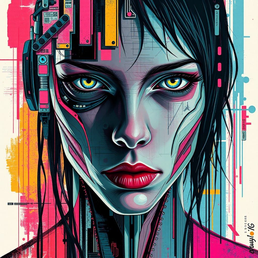 Mixed Vector Cyborg Portrait with Glitch Effects